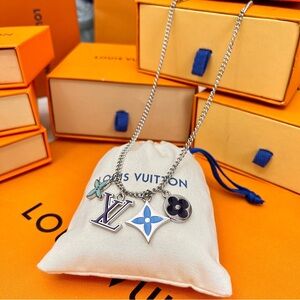 Louis Vuitton Silver Necklace with Blue, Black & Aqua Charms